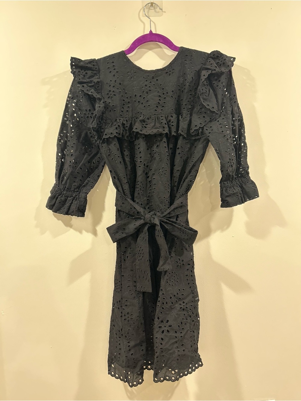 Emerson Fry Black Eyelet Ruffle Tie-Waist Dress